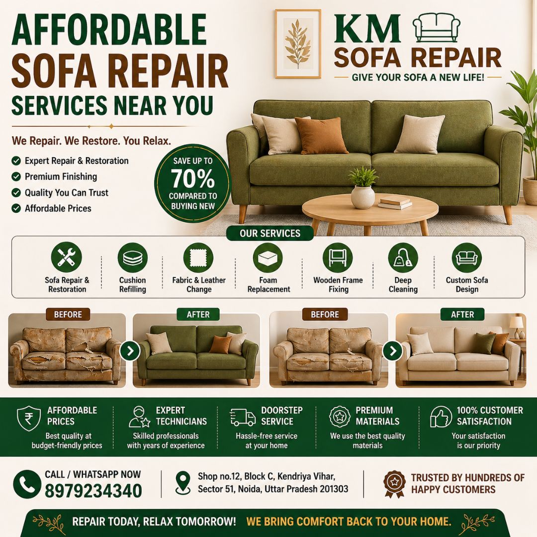 affordable sofa repair services near you in Noida with before and after sofa transformation by KM Sofa Repair
