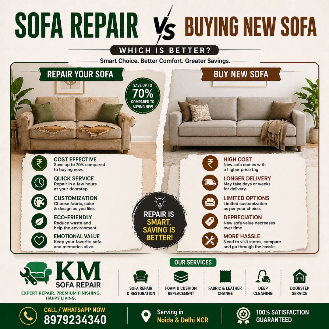 sofa repair vs buying new sofa comparison infographic in Noida by KM Sofa Repair showing cost savings and benefits
