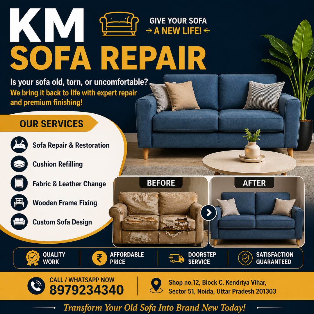 sofa repair services in Noida before and after upholstery transformation by KM Sofa Repair