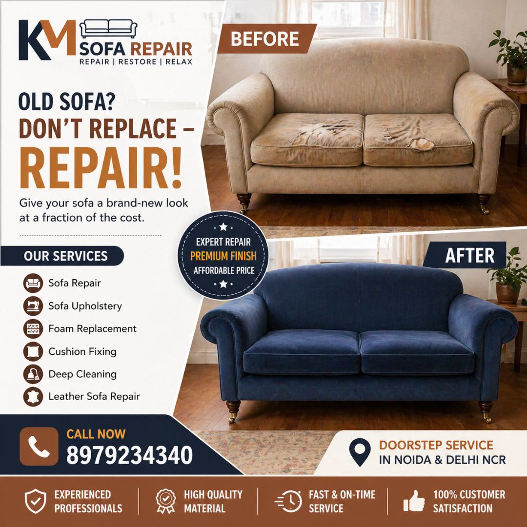 before and after sofa repair upholstery transformation in Noida by KM Sofa Repair